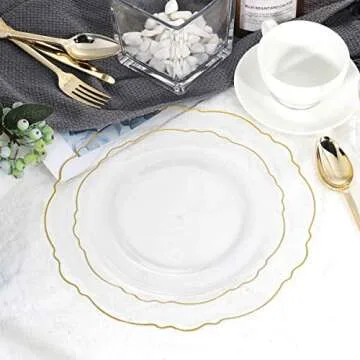 WDF 30Guest Clear and Gold Plastic Plates with Gold Plastic Silverware include 30 Dinner Plates,30 Salad Plates,30 Forks, 30 Knives,30 Spoons,30 Cups for Weddings, Parties