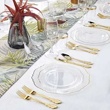 WDF 30Guest Clear and Gold Plastic Plates with Gold Plastic Silverware include 30 Dinner Plates,30 Salad Plates,30 Forks, 30 Knives,30 Spoons,30 Cups for Weddings, Parties