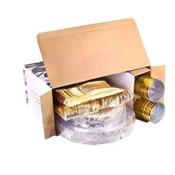 WDF 30Guest Clear and Gold Plastic Plates with Gold Plastic Silverware include 30 Dinner Plates,30 Salad Plates,30 Forks, 30 Knives,30 Spoons,30 Cups for Weddings, Parties