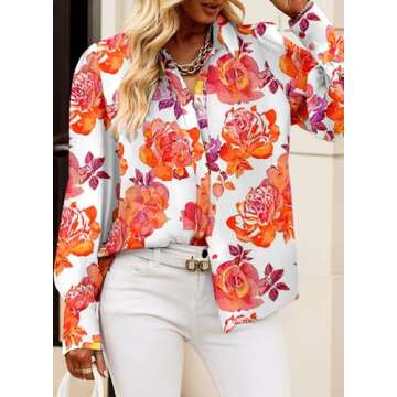 EVALESS Blouses for Women Fashion 2025 Spring Fall Womens Long Sleeve Tops Dressy Red Button Down Shirt for Women Business Casual Sexy V Neck Clothes Outfits for Work Hawaiian Summer Shirts,Large