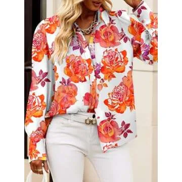 EVALESS Blouses for Women Fashion 2025 Spring Fall Womens Long Sleeve Tops Dressy Red Button Down Shirt for Women Business Casual Sexy V Neck Clothes Outfits for Work Hawaiian Summer Shirts,Large