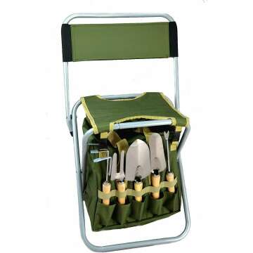 Gardening Tool Set with Tote & Folding Stool Seat