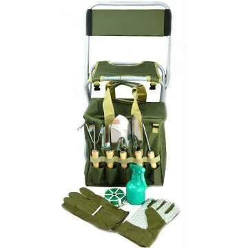Gardening Tool Set with Tote & Folding Stool Seat