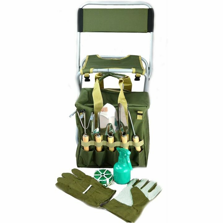 Gardening Tool Set with Tote & Folding Stool Seat