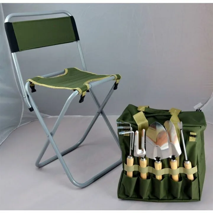 Gardening Tool Set with Tote & Folding Stool Seat