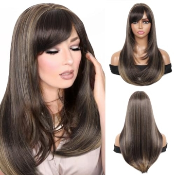 Kalyss Brown with Highlights Yaki Synthetic Women's Wig With Hair Bangs Centre Parting Long Straight...