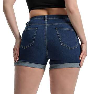 Romastory Women's High Waisted Elastic Jeans Shorts Folded Hem Hot Denim Shorts for Women (Medium, D...