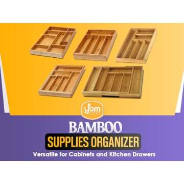 YBM HOME Bamboo Junk Drawer Organizer with 9 Compartment Organization Tray for Sewing, Craft, Office, Bathroom and Kitchen Storage, 337