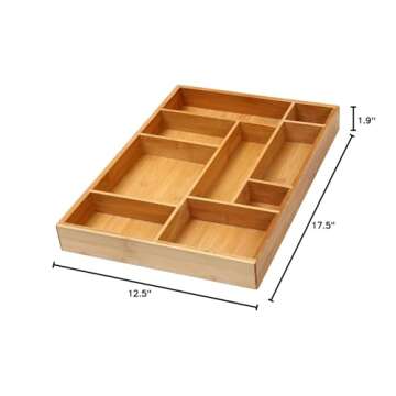 YBM HOME Bamboo Junk Drawer Organizer with 9 Compartment Organization Tray for Sewing, Craft, Office, Bathroom and Kitchen Storage, 337