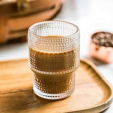 SoulTimes Glass Cups Vintage Glassware | Set of 4 Small, Raindrop Origami Style Transparent Cocktail Glasses Set, Beaded Detailing Pattern Ice Coffee Cup Juice Drinkware, Clear, 190ml (S)