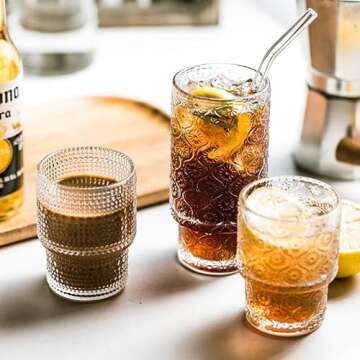 SoulTimes Glass Cups Vintage Glassware | Set of 4 Small, Raindrop Origami Style Transparent Cocktail Glasses Set, Beaded Detailing Pattern Ice Coffee Cup Juice Drinkware, Clear, 190ml (S)