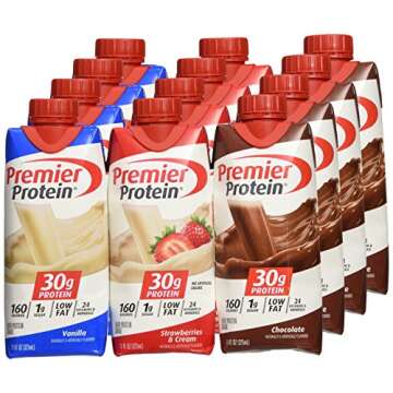 Lot of 12 Premier Protein 30g High Protein Shakes 11 Oz. Variety Pack Contains Chocolate, Vanilla & Strawberries & Cream