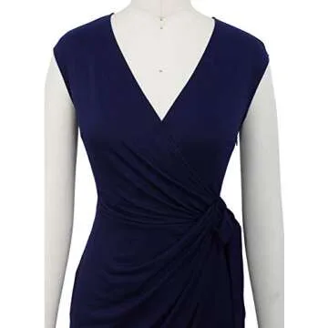Berydress Women's Classic Cocktail Party Cap Sleeve Deep V Neck Draped Waist Tie Belt Knee-Length Faux Wrap Dress (L, 6028-Navy)