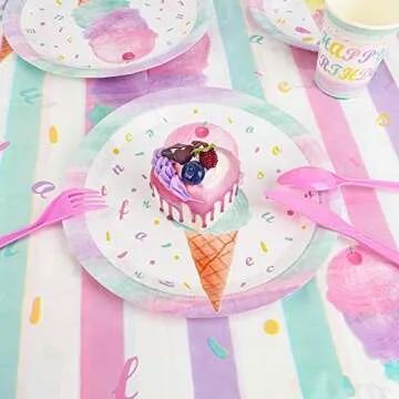 WERNNSAI Ice Cream Party Table Cover - 4PCS 54” X 108” Disposable Rectangular Plastic Tablecloth Ice Cream and Popsicle Themed Party Supplies Kids Girls Birthday Baby Shower Wedding Party Decorations