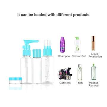 Vitog Travel Bottles Kit, TSA Approved Leak Proof Portable Toiletry Containers Set, Clear flight size PET Cosmetic Containers for Lotion, Shampoo, Cream, Soap, Set of 11 (Blue+Plastic)