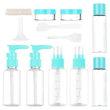 Vitog Travel Bottles Kit, TSA Approved Leak Proof Portable Toiletry Containers Set, Clear flight size PET Cosmetic Containers for Lotion, Shampoo, Cream, Soap, Set of 11 (Blue+Plastic)