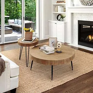 RUSTOWN Farmhouse Round Coffee Table Set of 2, Cocktail Table Set, Modern Circle Natural Wood Finsh ...