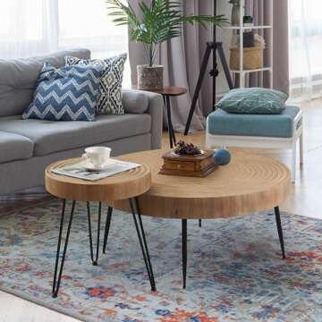 RUSTOWN Farmhouse Round Coffee Table Set of 2, Cocktail Table Set, Modern Circle Natural Wood Finsh Side and End Table Sets for Living Room(Helical, Natural)
