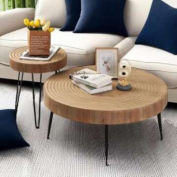 RUSTOWN Farmhouse Round Coffee Table Set of 2, Cocktail Table Set, Modern Circle Natural Wood Finsh Side and End Table Sets for Living Room(Helical, Natural)