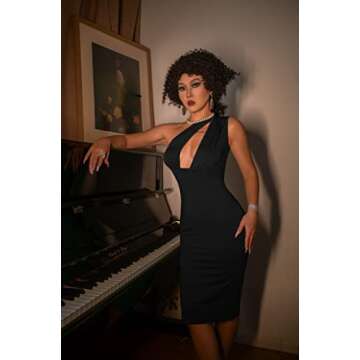 GOKATOSAU Women's Sexy One Shoulder Sleeveless Cut Out Party Club Midi Dress Black