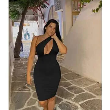 GOKATOSAU Women's Sexy One Shoulder Sleeveless Cut Out Party Club Midi Dress Black