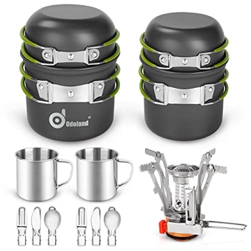 Odoland 16pcs Camping Cookware Mess Kit, Lightweight Pot Pan Mini Stove with 2 Cups, Fork Spoon Kits...