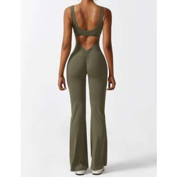 YEOREO Women Sleeveless Flare Jumpsuits Sexy Backless Scrunch Butt V Back Yoga Jumpsuit Olive Green S