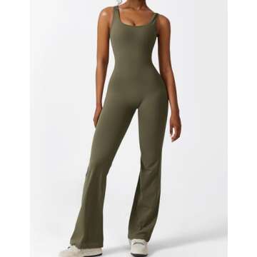 YEOREO Women Sleeveless Flare Jumpsuits Sexy Backless Scrunch Butt V Back Yoga Jumpsuit Olive Green S