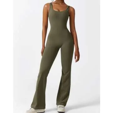 YEOREO Women Sleeveless Flare Jumpsuits Sexy Backless Scrunch Butt V Back Yoga Jumpsuit Olive Green S