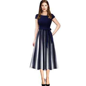 VFSHOW Women's Striped Patchwork Belted A-Line Midi Dress with Pockets