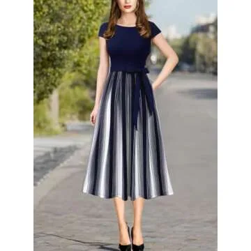 Stylish VFSHOW Navy Blue Striped A-Line Midi Dress