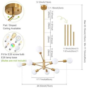 Deyidn Sputnik Chandelier Modern Gold Chandelier Mid Century Ceiling Lighting Fixtures 8 Lights E26 ...