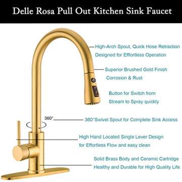 Delle Rosa Kitchen Faucet, Brushed Gold High Arc with Pull Down Sprayer