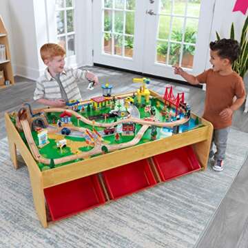 KidKraft 17850 Waterfall Mountain Wooden Train Set & Table with 120 Pieces, 3 Storage Bins