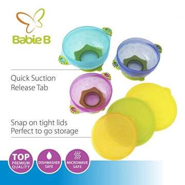 Baby Bowls and Matching Lids - Suction Cup Bowls for Babies, Toddlers & Infants - Set of 3 Sizes - 6 Pieces