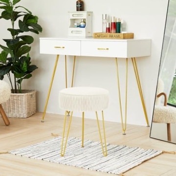 MOOWIND Vanity Stool for Makeup Room Bedroom, Modern Multifunctional Vanity Stools Chair Round Ottoman Velvet Upholstered Seated Foot Rest Dressing Stool with Golden Leg, Side Table End Table,Beige