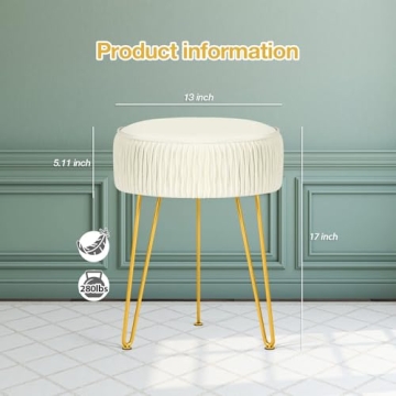MOOWIND Vanity Stool for Makeup Room Bedroom, Modern Multifunctional Vanity Stools Chair Round Ottoman Velvet Upholstered Seated Foot Rest Dressing Stool with Golden Leg, Side Table End Table,Beige