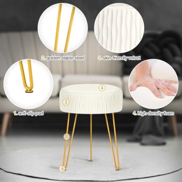 MOOWIND Vanity Stool for Makeup Room Bedroom, Modern Multifunctional Vanity Stools Chair Round Ottoman Velvet Upholstered Seated Foot Rest Dressing Stool with Golden Leg, Side Table End Table,Beige
