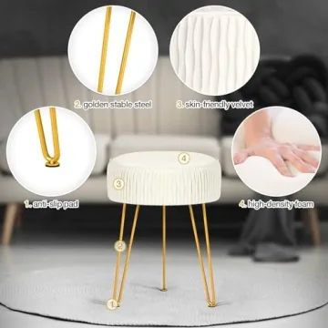 MOOWIND Vanity Stool for Makeup Room Bedroom, Modern Multifunctional Vanity Stools Chair Round Ottoman Velvet Upholstered Seated Foot Rest Dressing Stool with Golden Leg, Side Table End Table,Beige