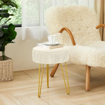 MOOWIND Vanity Stool for Makeup Room Bedroom, Modern Multifunctional Vanity Stools Chair Round Ottoman Velvet Upholstered Seated Foot Rest Dressing Stool with Golden Leg, Side Table End Table,Beige