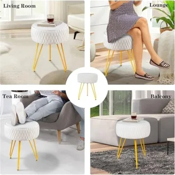 MOOWIND Vanity Stool for Makeup Room Bedroom, Modern Multifunctional Vanity Stools Chair Round Ottoman Velvet Upholstered Seated Foot Rest Dressing Stool with Golden Leg, Side Table End Table,Beige