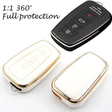 WSAuto for Toyota Key Fob Cover Soft TPU Protection Car Key Case Shell with American Flag Metal Leather Keychain Compatible with 2018-2022 Camry RAV4 Highlander Avalon C-HR Prius Corolla GT90 White