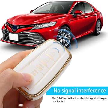 WSAuto for Toyota Key Fob Cover Soft TPU Protection Car Key Case Shell with American Flag Metal Leather Keychain Compatible with 2018-2022 Camry RAV4 Highlander Avalon C-HR Prius Corolla GT90 White