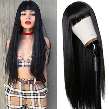 TIMANZO Long Straight Remy Hair Wigs Natural Black Heat Resistant Fiber Hair Full Machine Wig with B...