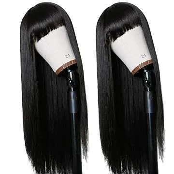TIMANZO Long Straight Remy Hair Wigs Natural Black Heat Resistant Fiber Hair Full Machine Wig with Bangs Cosplay Party Wig For Fashion Women(24 Inches Natural Black Hair)