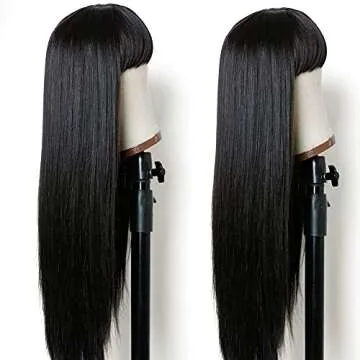 TIMANZO Long Straight Remy Hair Wigs Natural Black Heat Resistant Fiber Hair Full Machine Wig with Bangs Cosplay Party Wig For Fashion Women(24 Inches Natural Black Hair)