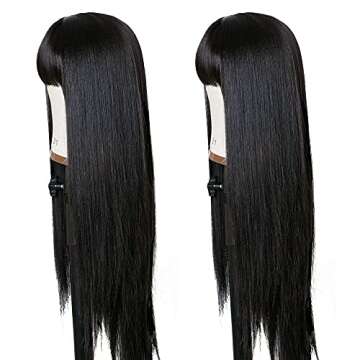 TIMANZO Long Straight Remy Hair Wigs Natural Black Heat Resistant Fiber Hair Full Machine Wig with Bangs Cosplay Party Wig For Fashion Women(24 Inches Natural Black Hair)