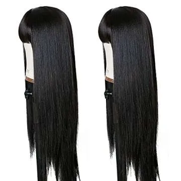 TIMANZO Long Straight Remy Hair Wigs Natural Black Heat Resistant Fiber Hair Full Machine Wig with Bangs Cosplay Party Wig For Fashion Women(24 Inches Natural Black Hair)