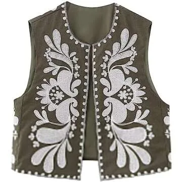 Meihuida Women Embroidered Vest Top Y2k Vintage Open Front Floral Boho Cropped Waistcoat