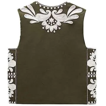 Meihuida Women Embroidered Vest Top Y2k Vintage Open Front Floral Boho Cropped Waistcoat